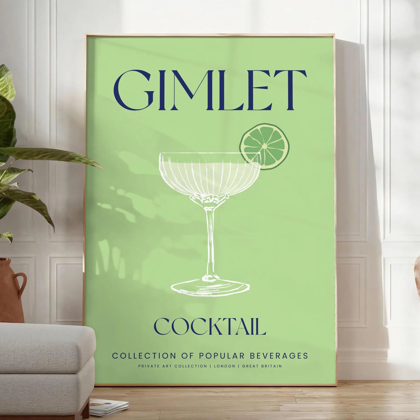 space stylish Gimlet Cocktail poster vibrant green sleek gray backdrop eye wall art perfect enthusiasts unique gift framed print unframed artwork decor
