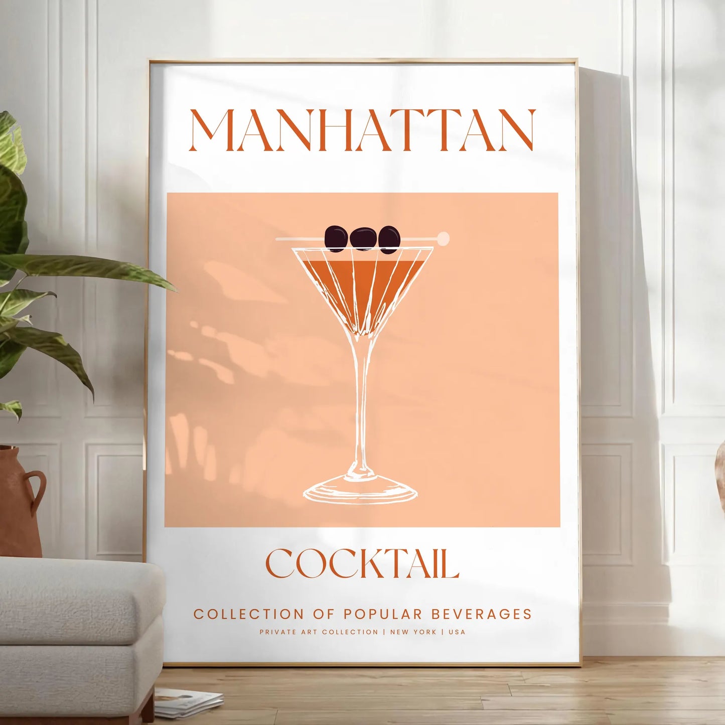space stunning Manhattan Cocktail Poster sleek black vibrant orange hues gift wall art print touch sophistication setting framed ready options lovers enthusiasts