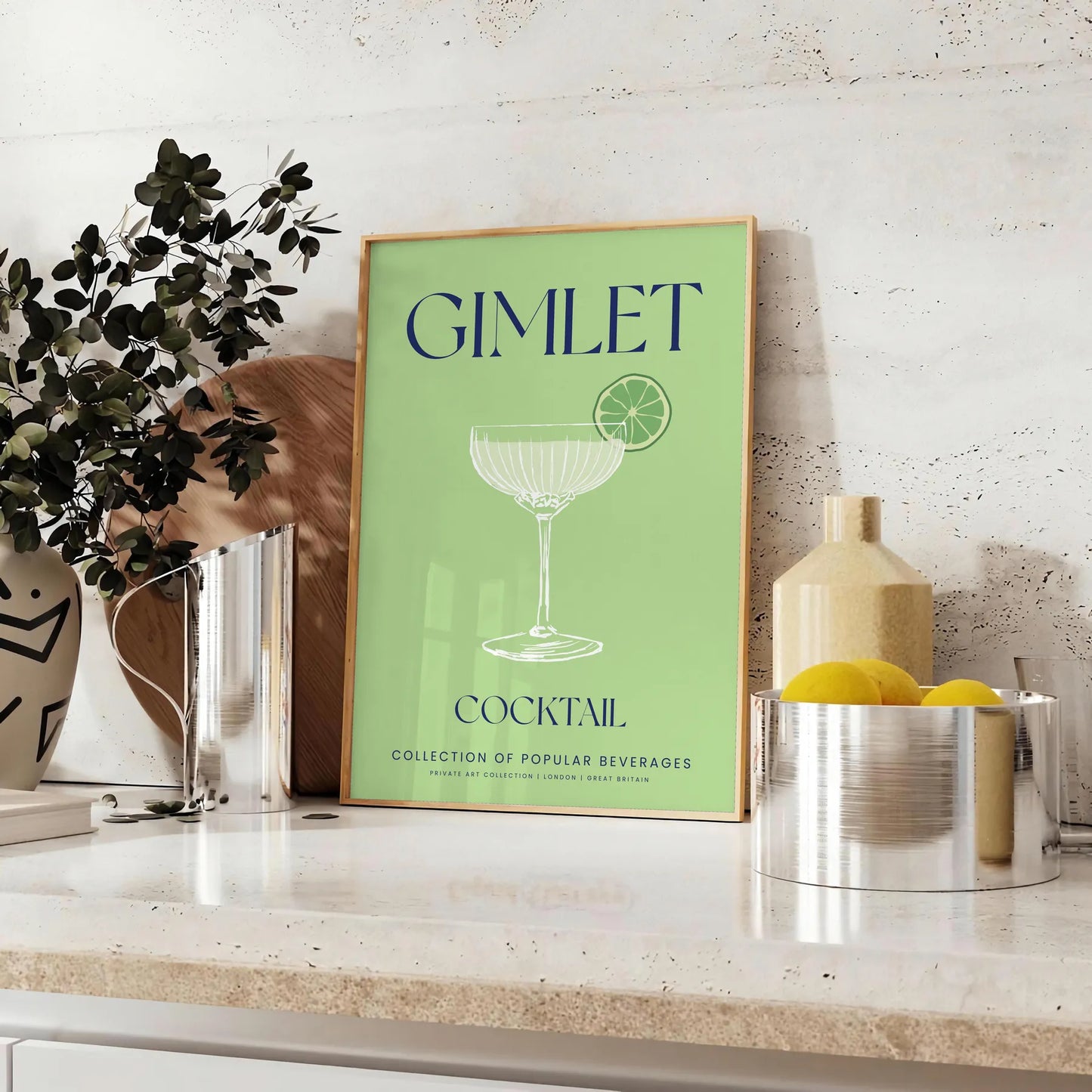 space stylish Gimlet Cocktail poster vibrant green sleek gray backdrop eye wall art perfect enthusiasts unique gift framed print unframed artwork decor