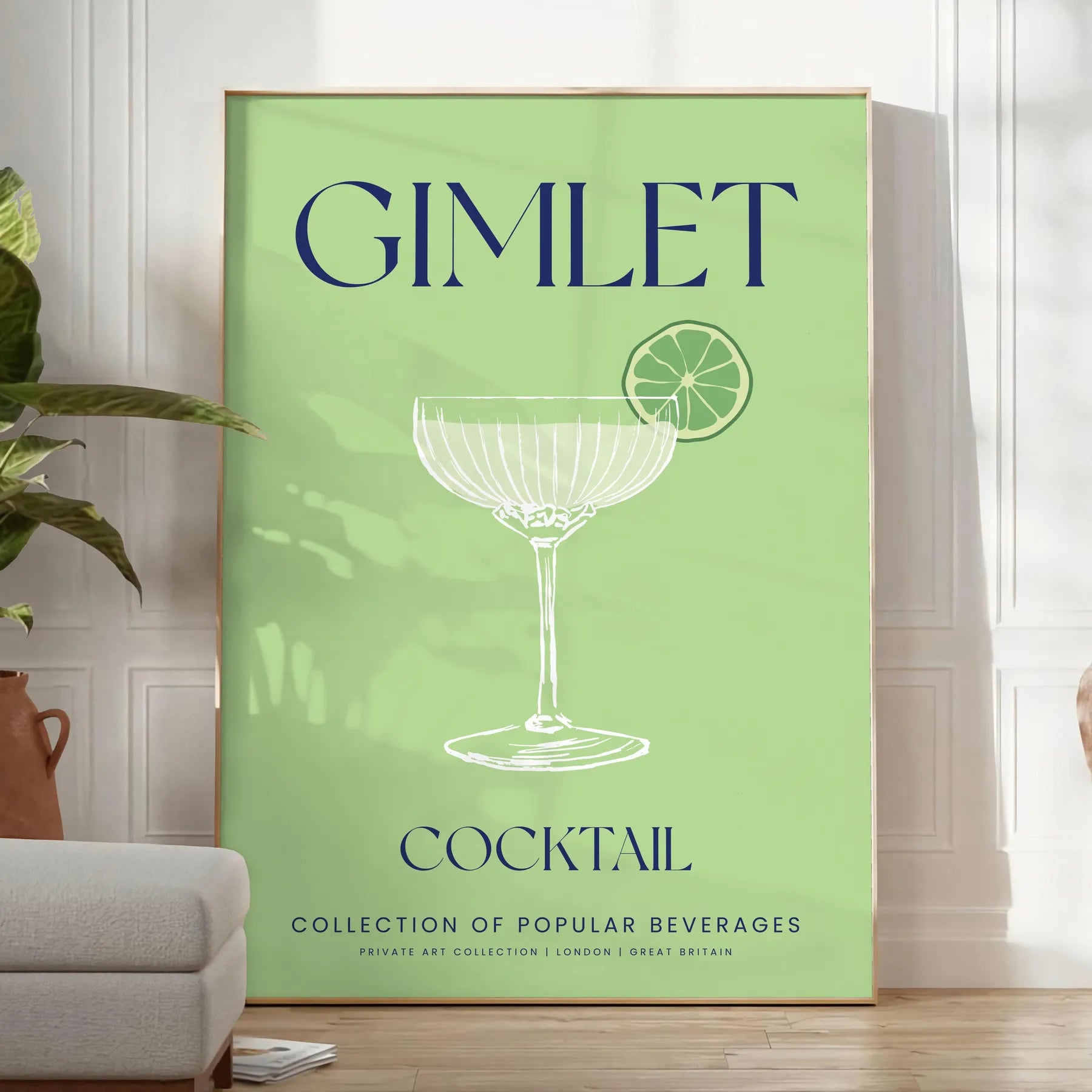 space stylish Gimlet Cocktail poster vibrant green sleek gray backdrop eye wall art perfect enthusiasts unique gift framed print unframed artwork decor