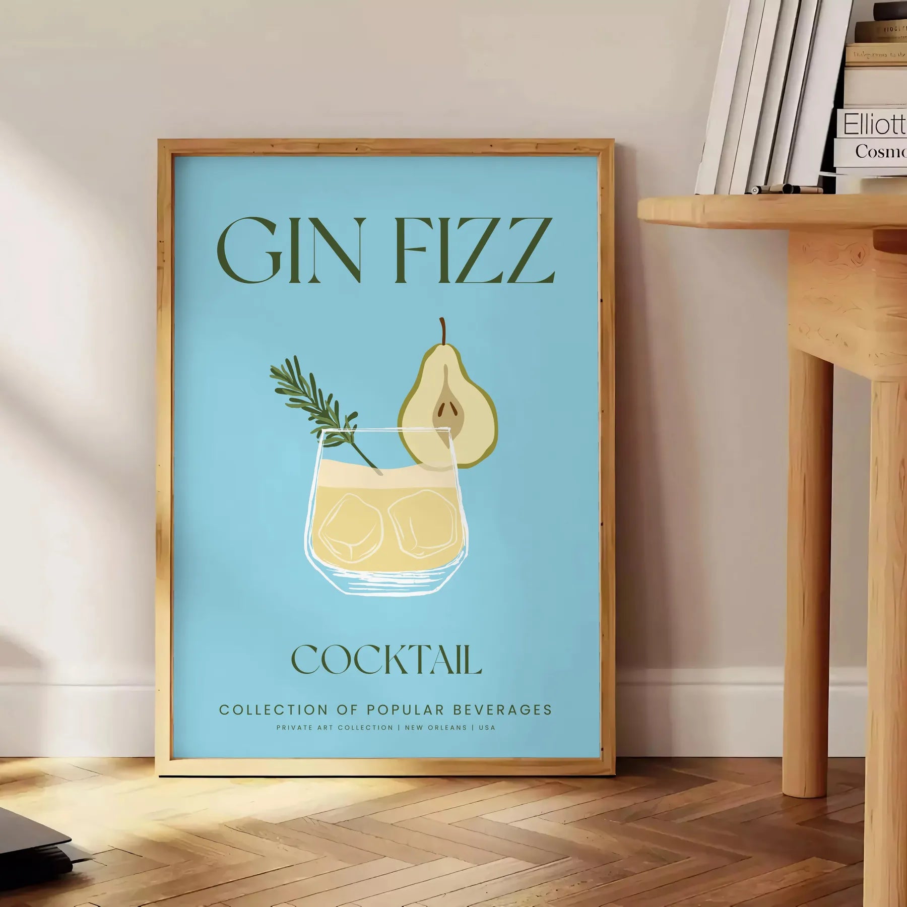 space stunning Gin Fizz Cocktail Art Poster vibrant green gray tones captivating wall perfect kitchen bar ideal gift lovers versatile sizes A4 cm A0