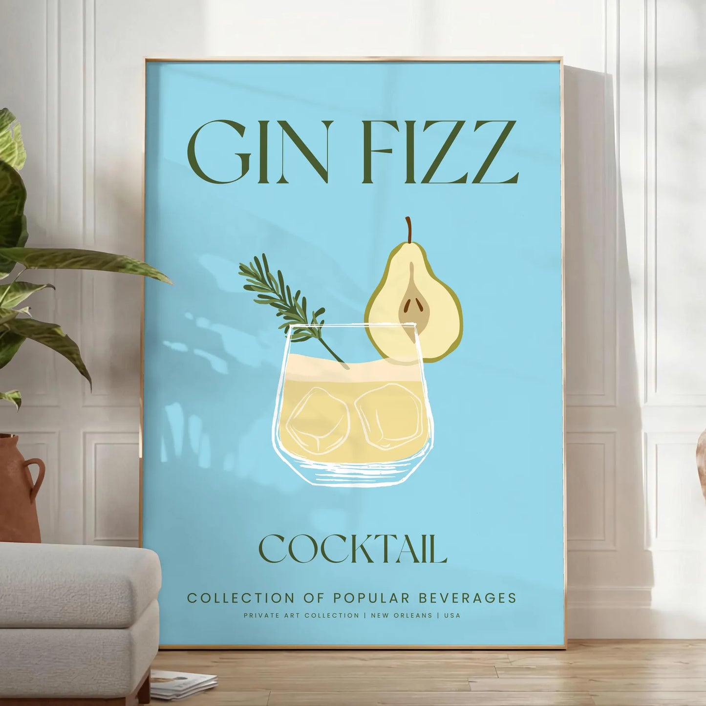 space stunning Gin Fizz Cocktail Art Poster vibrant green gray tones captivating wall perfect kitchen bar ideal gift lovers versatile sizes A4 cm A0