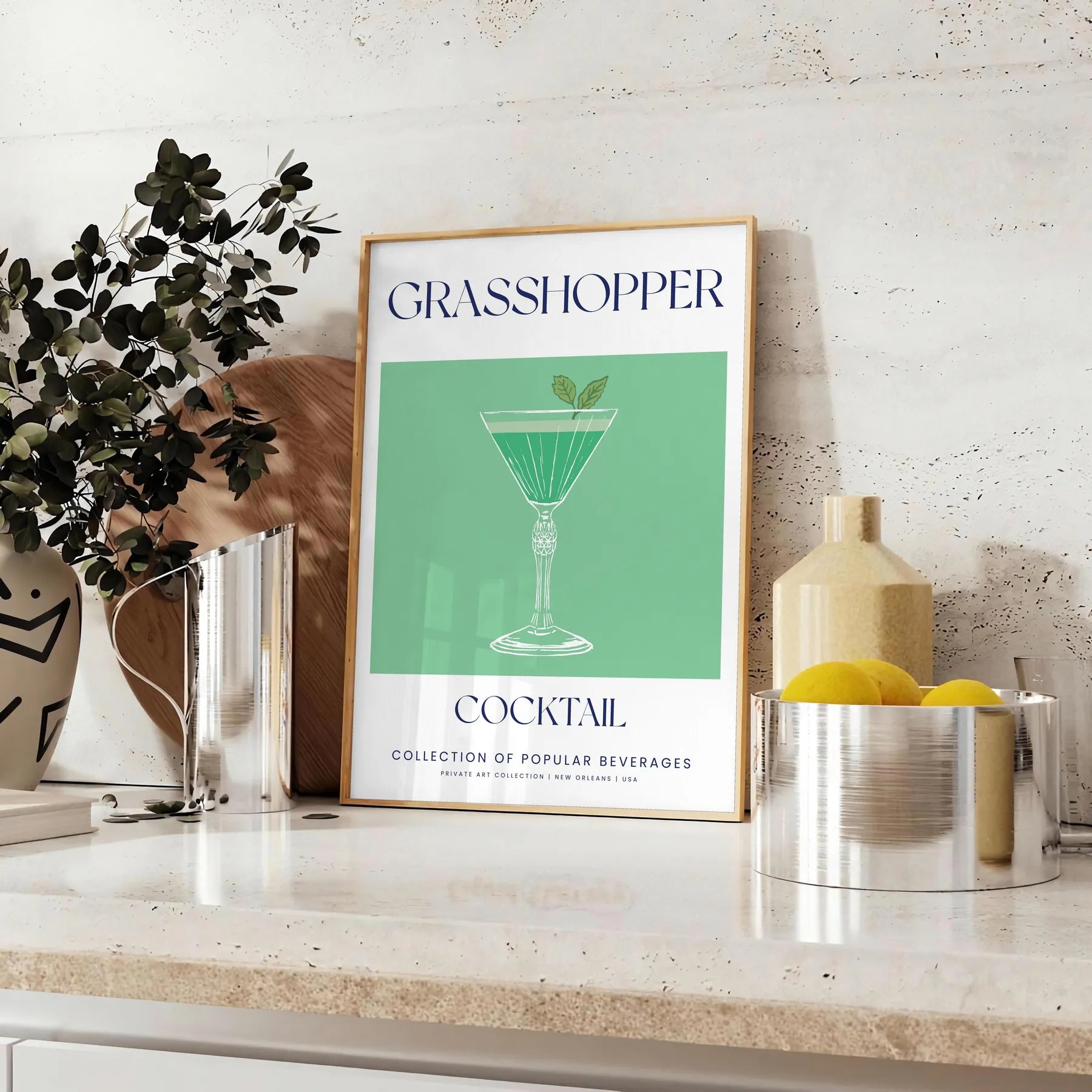 splash sophistication space Grasshopper Cocktail poster elegant gray green tones vibrant wall art perfect lovers unique gift stylish print room A4 cm A0 sizes