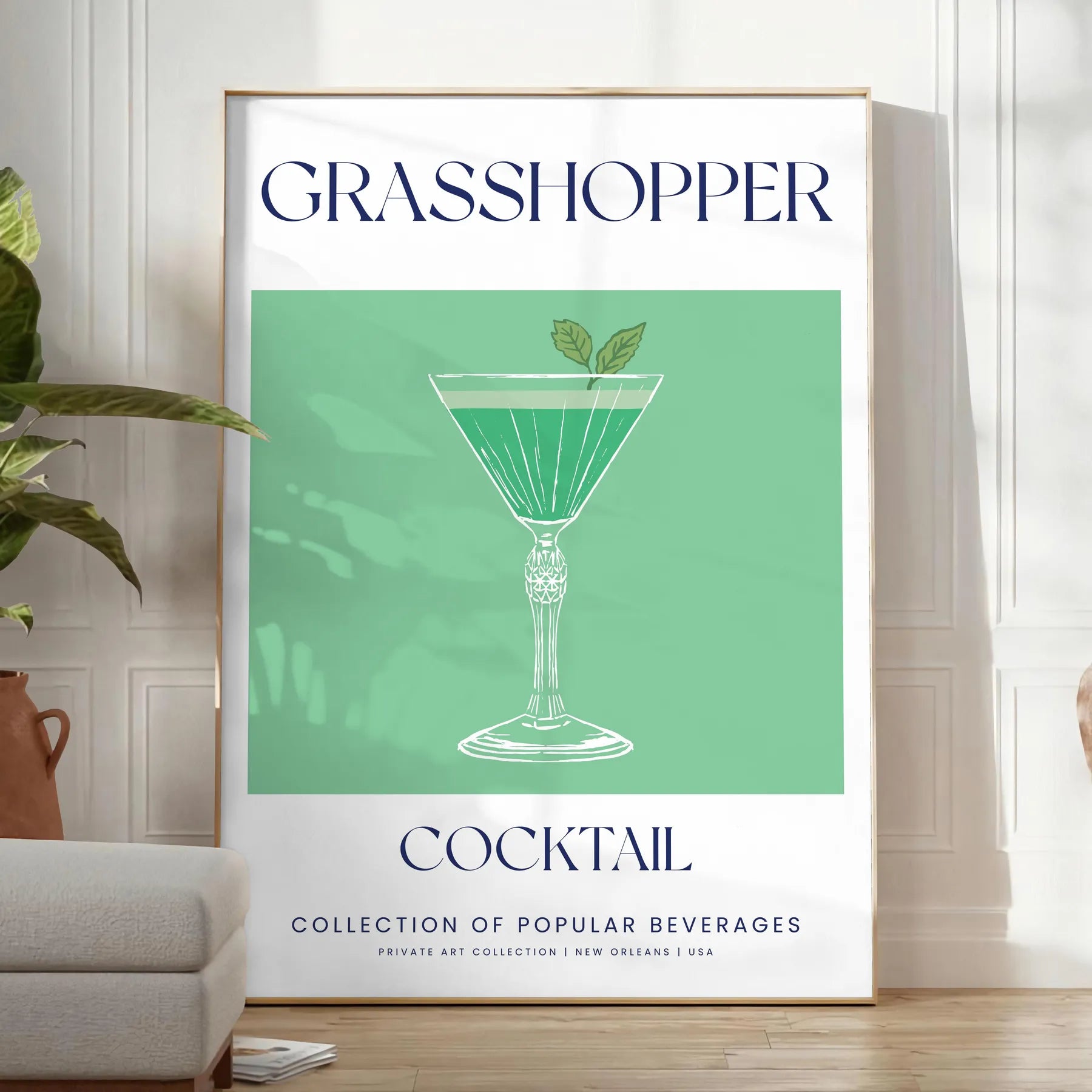 splash sophistication space Grasshopper Cocktail poster elegant gray green tones vibrant wall art perfect lovers unique gift stylish print room A4 cm A0 sizes