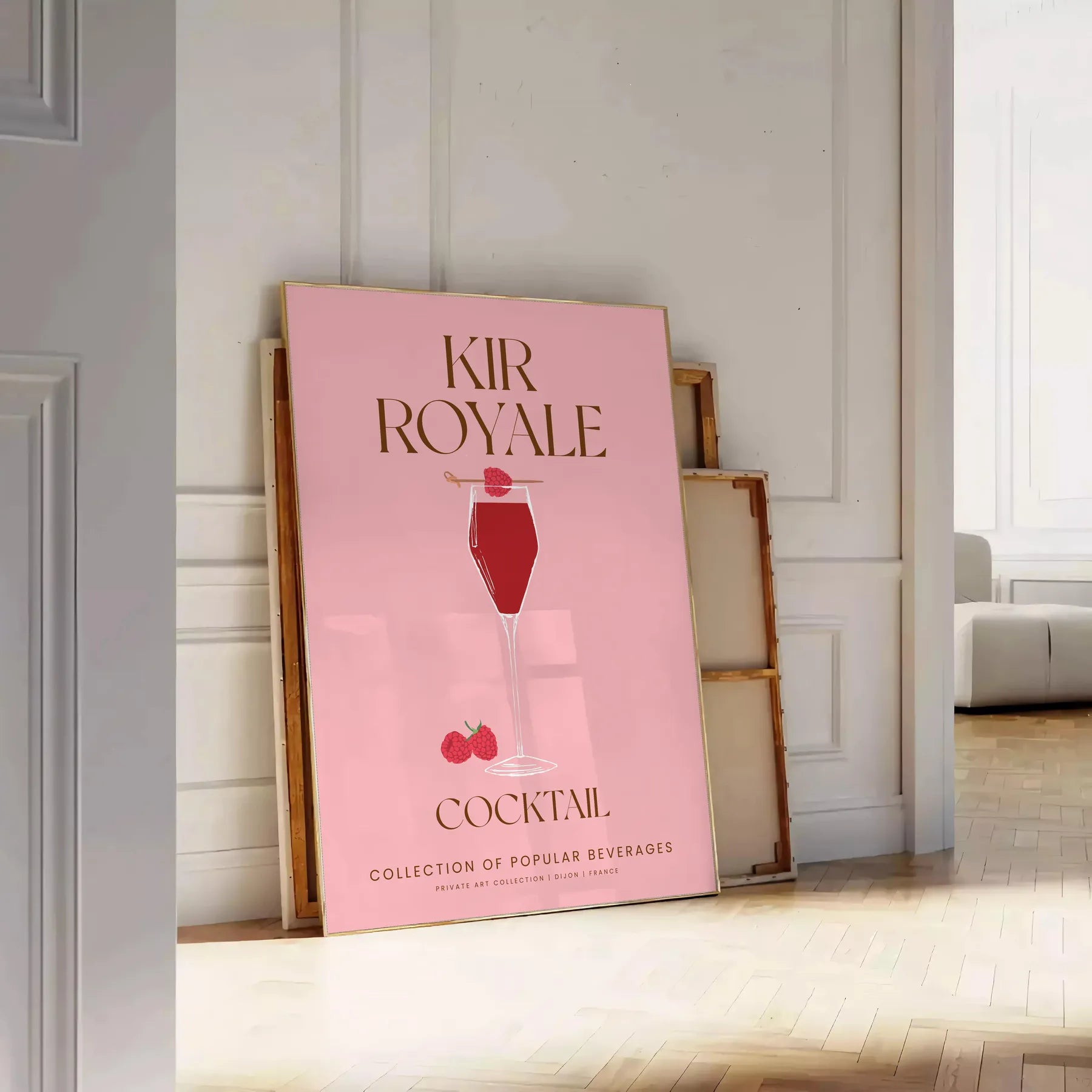 space elegant Kir Royale cocktail art poster sophisticated blend gray purple tones unique wall piece thoughtful gift enthusiasts unframed version exquisite artwork