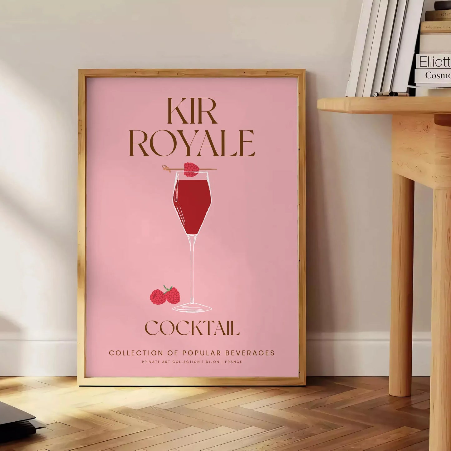 space elegant Kir Royale cocktail art poster sophisticated blend gray purple tones unique wall piece thoughtful gift enthusiasts unframed version exquisite artwork