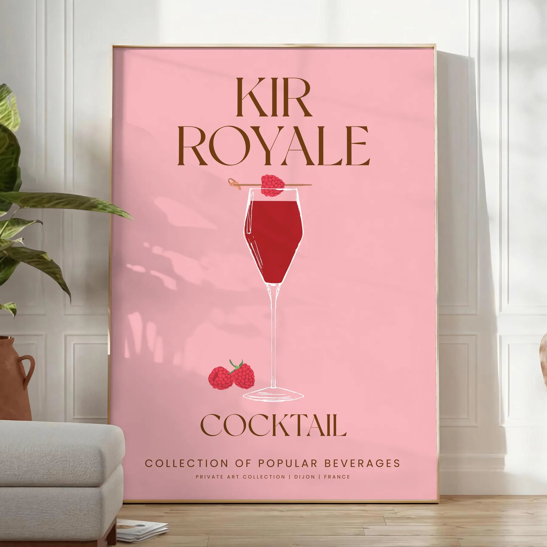 space elegant Kir Royale cocktail art poster sophisticated blend gray purple tones unique wall piece thoughtful gift enthusiasts unframed version exquisite artwork