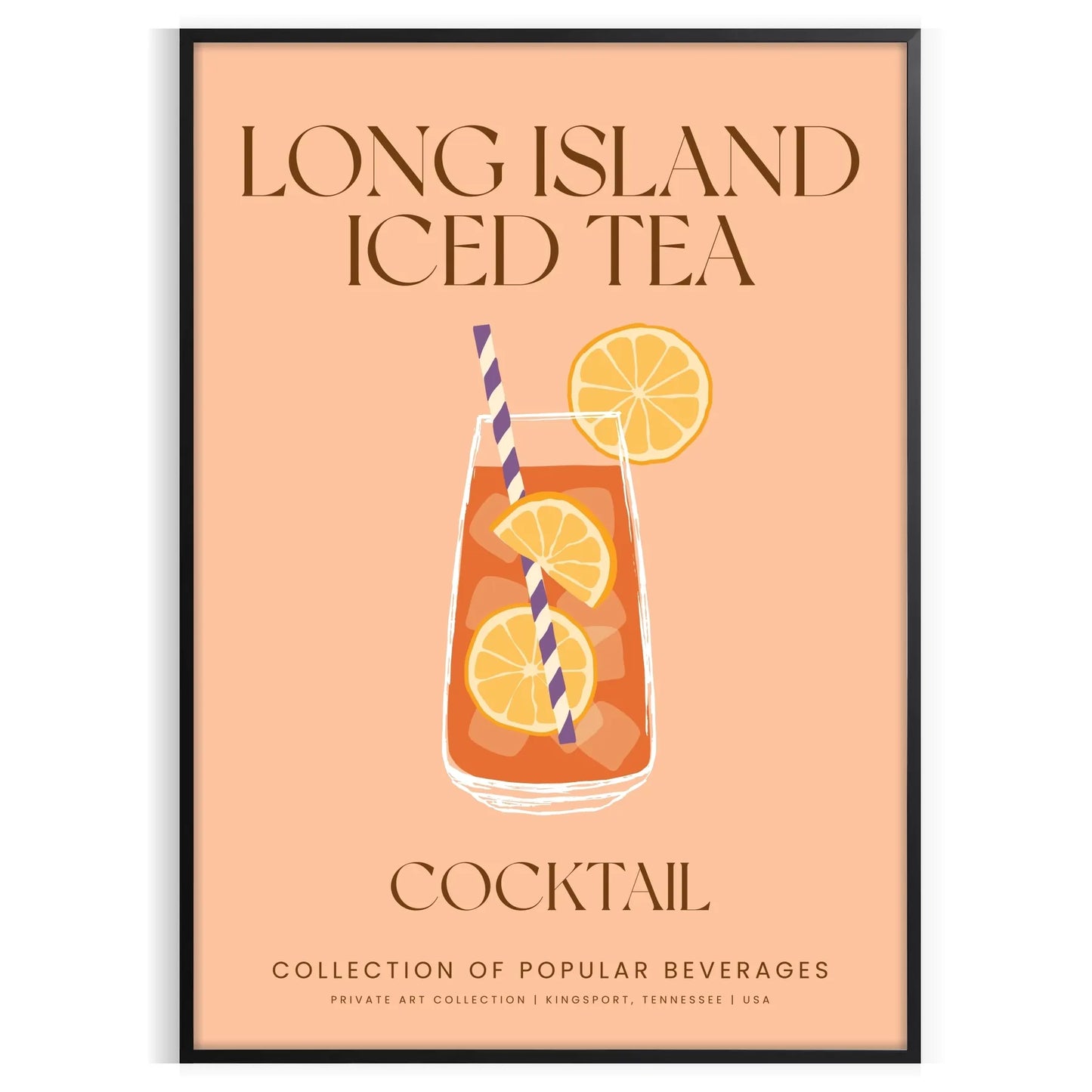 decor captivating Long Island Iced Tea cocktail poster sleek gray vibrant orange palette wall art unique gift mixology enthusiasts unframed options space