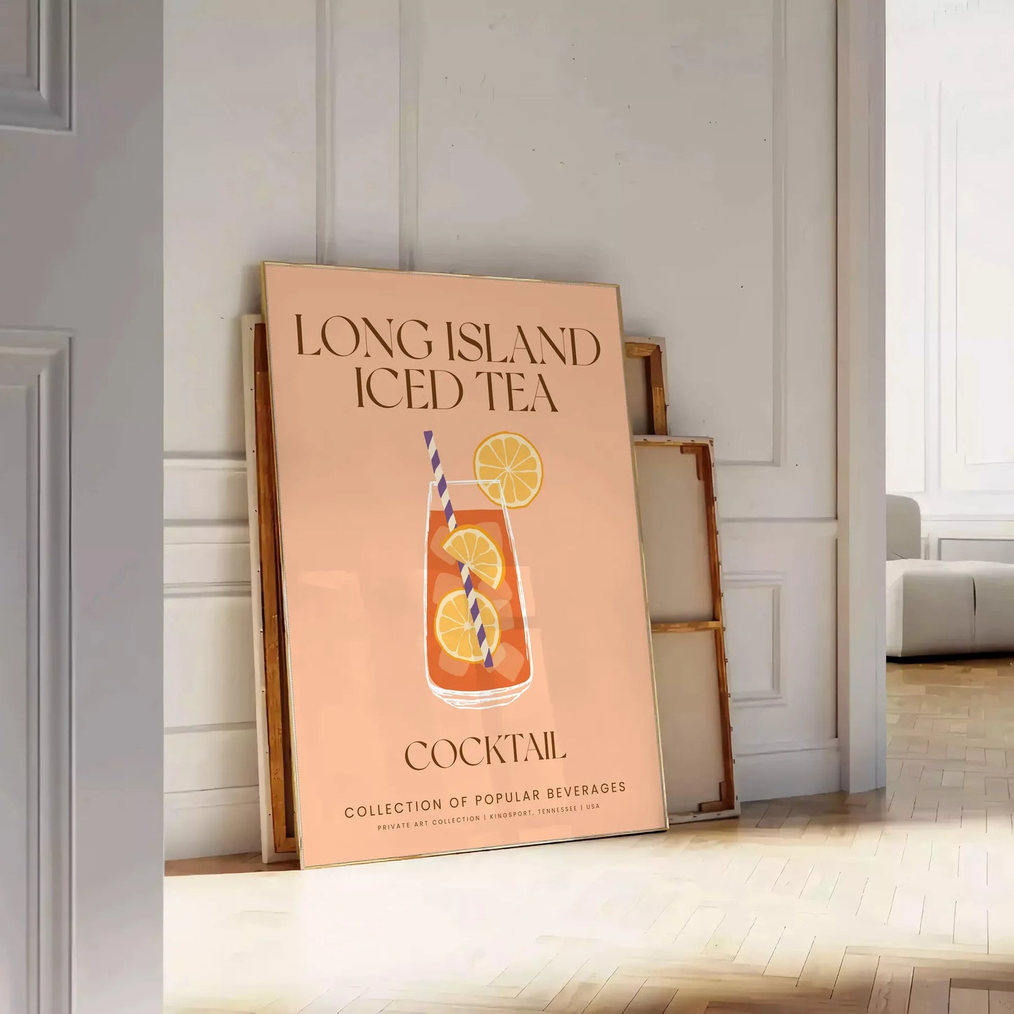 decor captivating Long Island Iced Tea cocktail poster sleek gray vibrant orange palette wall art unique gift mixology enthusiasts unframed options space