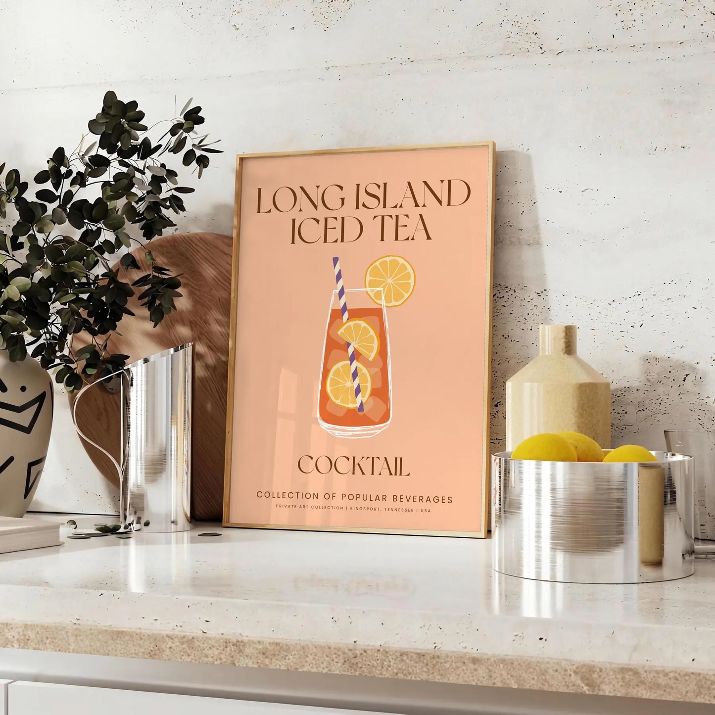 decor captivating Long Island Iced Tea cocktail poster sleek gray vibrant orange palette wall art unique gift mixology enthusiasts unframed options space
