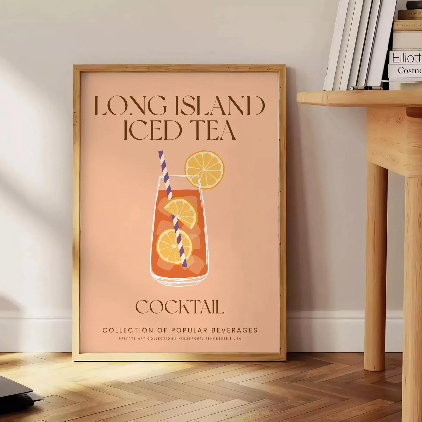 decor captivating Long Island Iced Tea cocktail poster sleek gray vibrant orange palette wall art unique gift mixology enthusiasts unframed options space