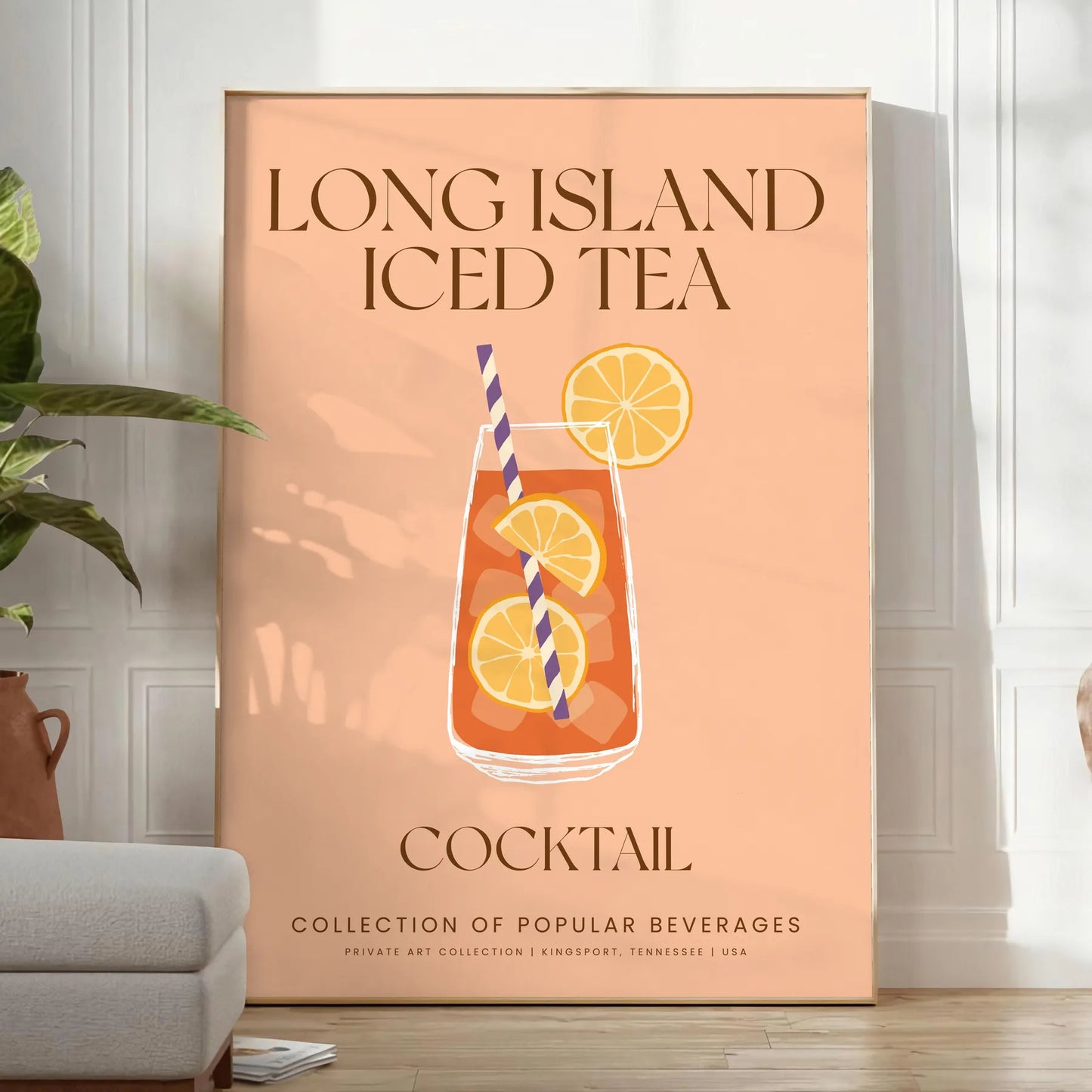 decor captivating Long Island Iced Tea cocktail poster sleek gray vibrant orange palette wall art unique gift mixology enthusiasts unframed options space