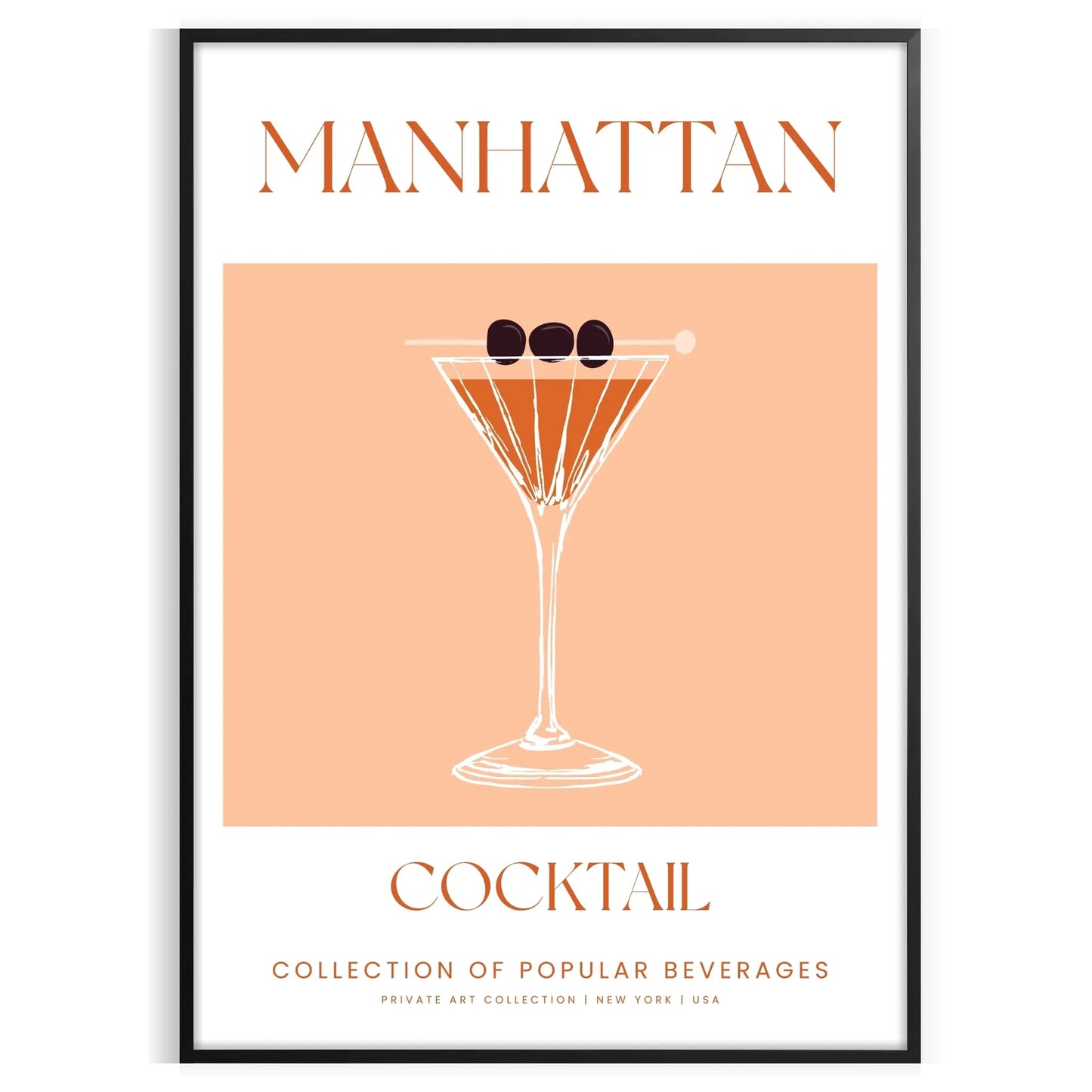 space stunning Manhattan Cocktail Poster sleek black vibrant orange hues gift wall art print touch sophistication setting framed ready options lovers enthusiasts