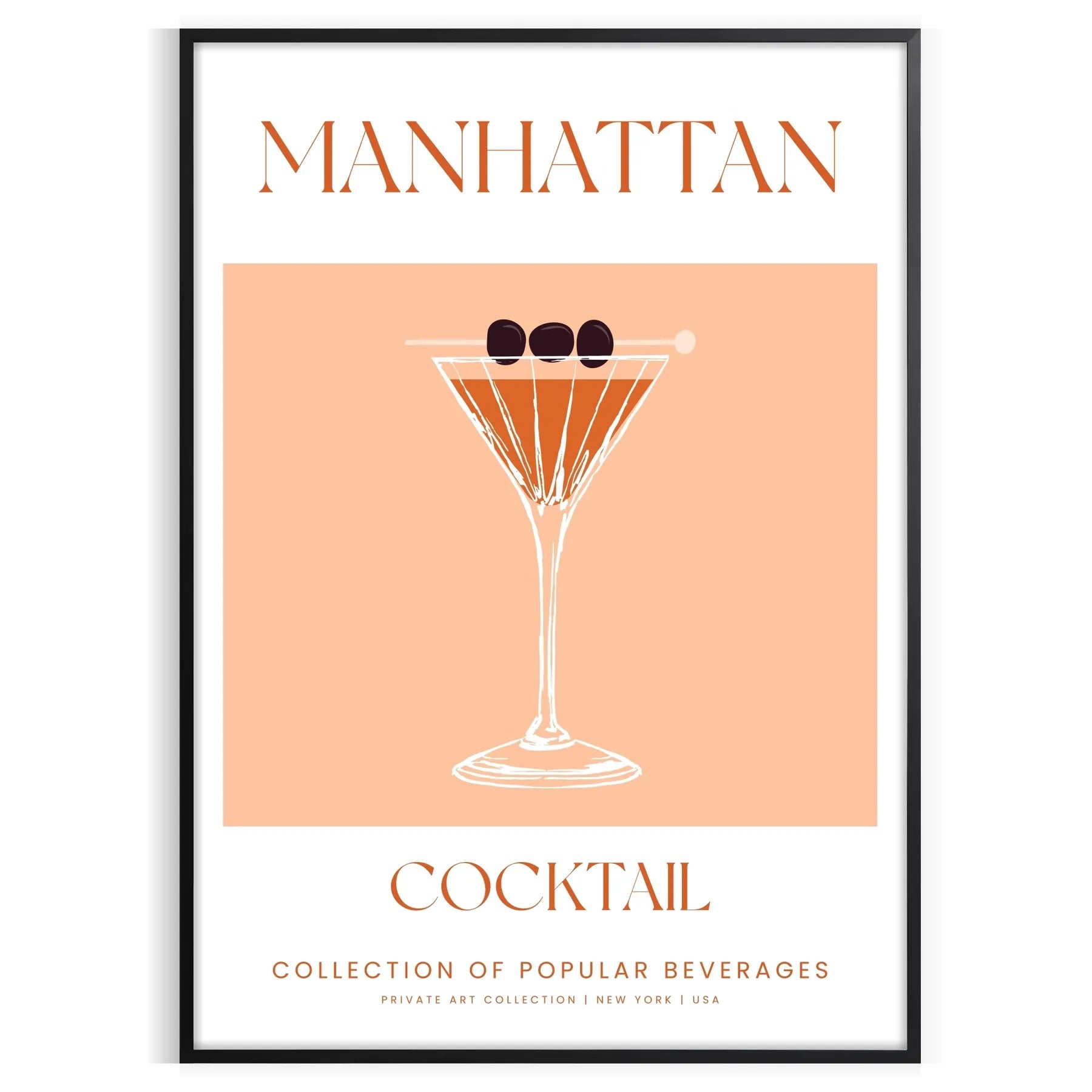 space stunning Manhattan Cocktail Poster sleek black vibrant orange hues gift wall art print touch sophistication setting framed ready options lovers enthusiasts