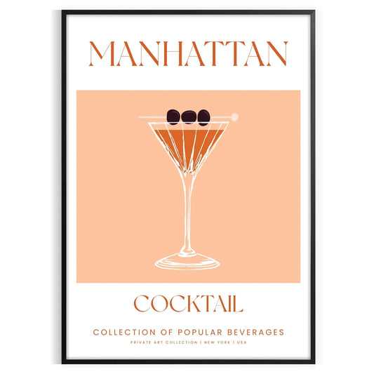 space stunning Manhattan Cocktail Poster sleek black vibrant orange hues gift wall art print touch sophistication setting framed ready options lovers enthusiasts