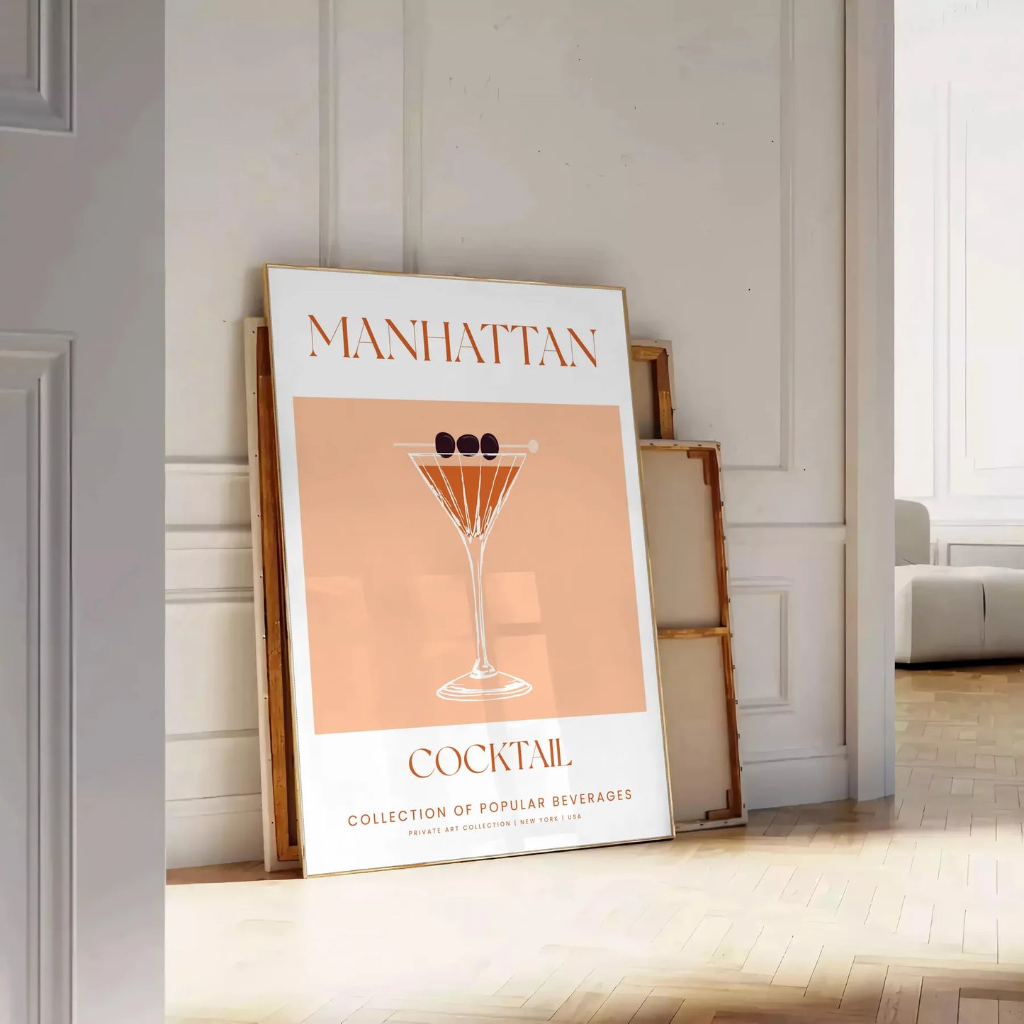 space stunning Manhattan Cocktail Poster sleek black vibrant orange hues gift wall art print touch sophistication setting framed ready options lovers enthusiasts