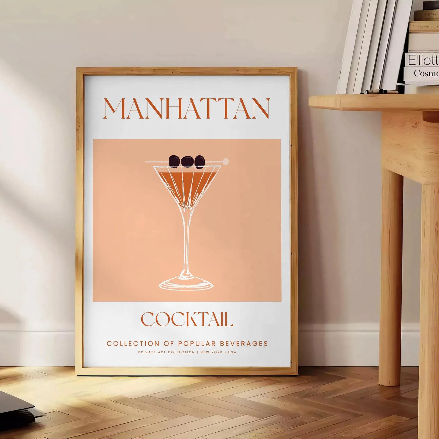 space stunning Manhattan Cocktail Poster sleek black vibrant orange hues gift wall art print touch sophistication setting framed ready options lovers enthusiasts