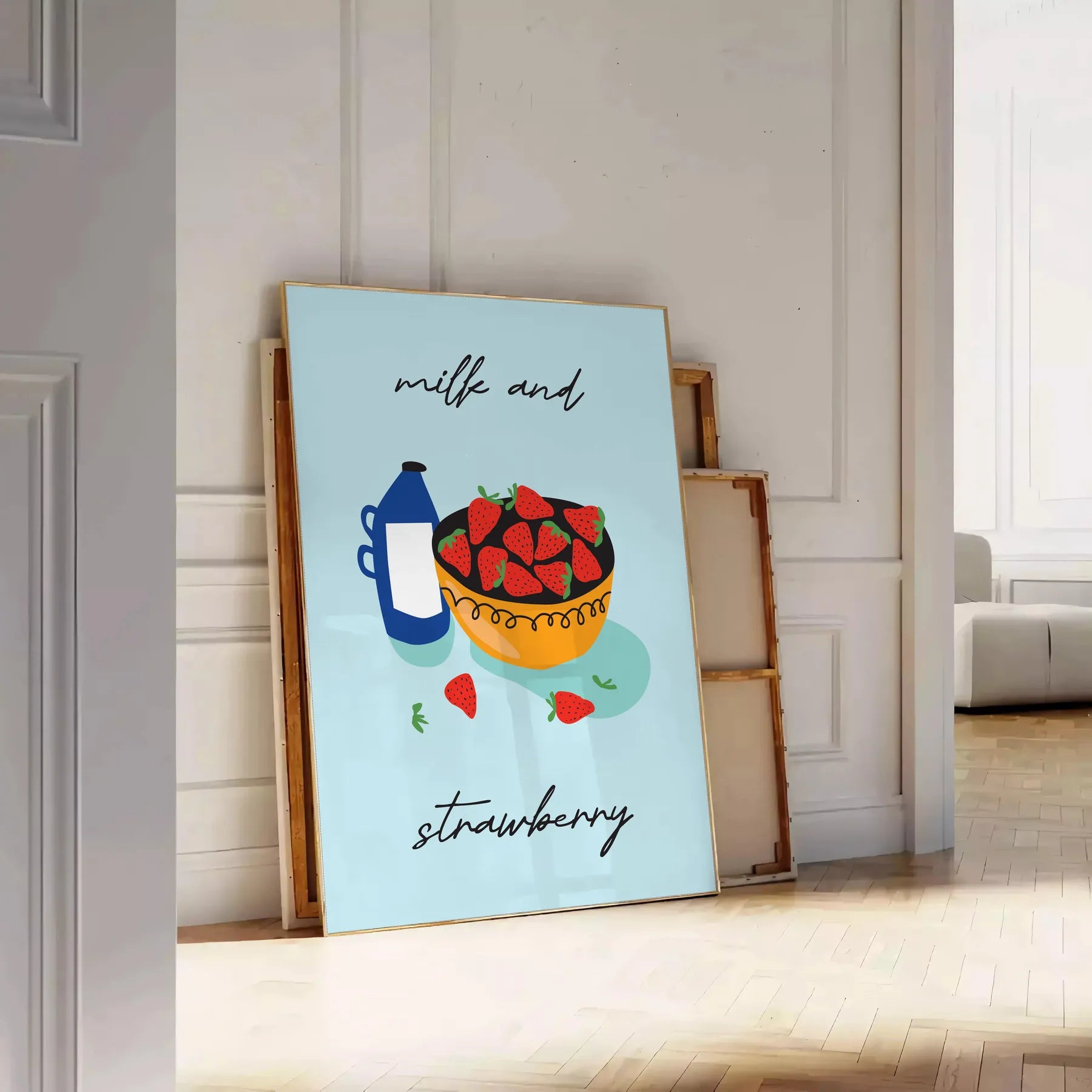 touch sweetness space Milk Strawberry Fruit Art Poster vibrant green orange hues eye wall perfect gift formats A4 cm A0