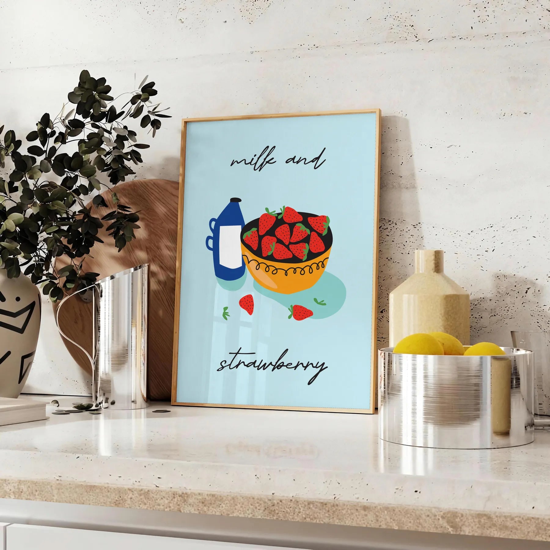 touch sweetness space Milk Strawberry Fruit Art Poster vibrant green orange hues eye wall perfect gift formats A4 cm A0