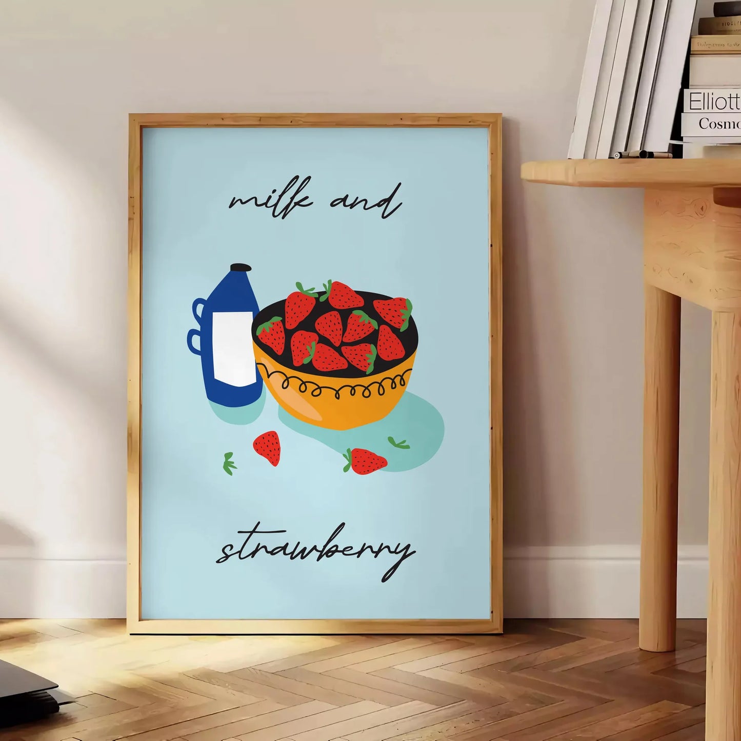 touch sweetness space Milk Strawberry Fruit Art Poster vibrant green orange hues eye wall perfect gift formats A4 cm A0