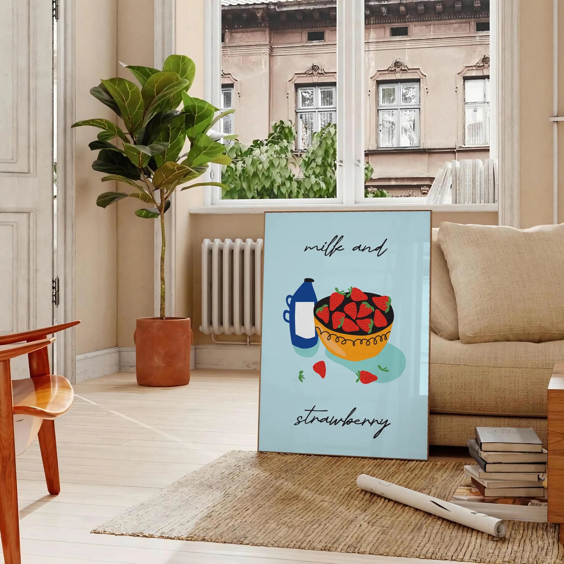 touch sweetness space Milk Strawberry Fruit Art Poster vibrant green orange hues eye wall perfect gift formats A4 cm A0