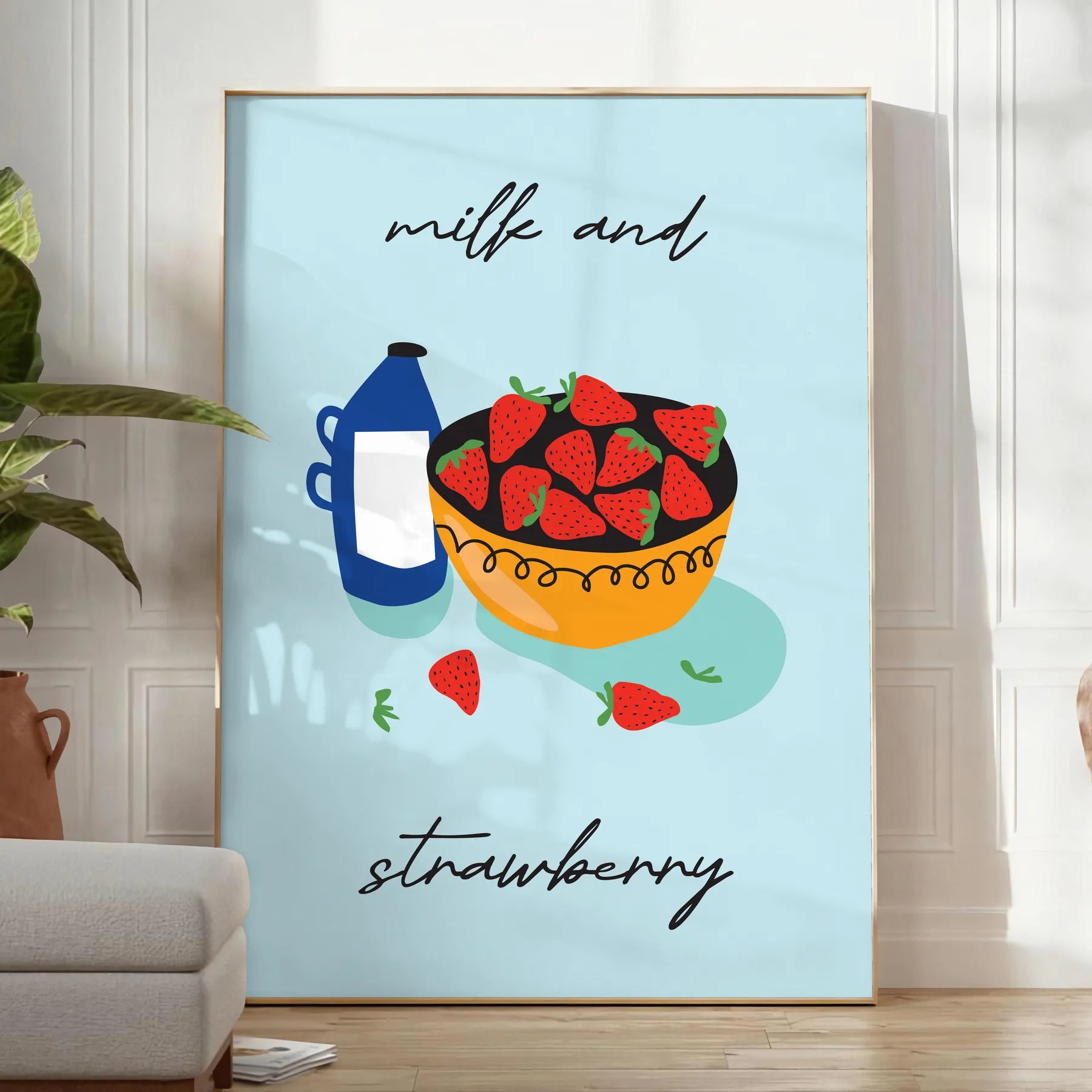 touch sweetness space Milk Strawberry Fruit Art Poster vibrant green orange hues eye wall perfect gift formats A4 cm A0
