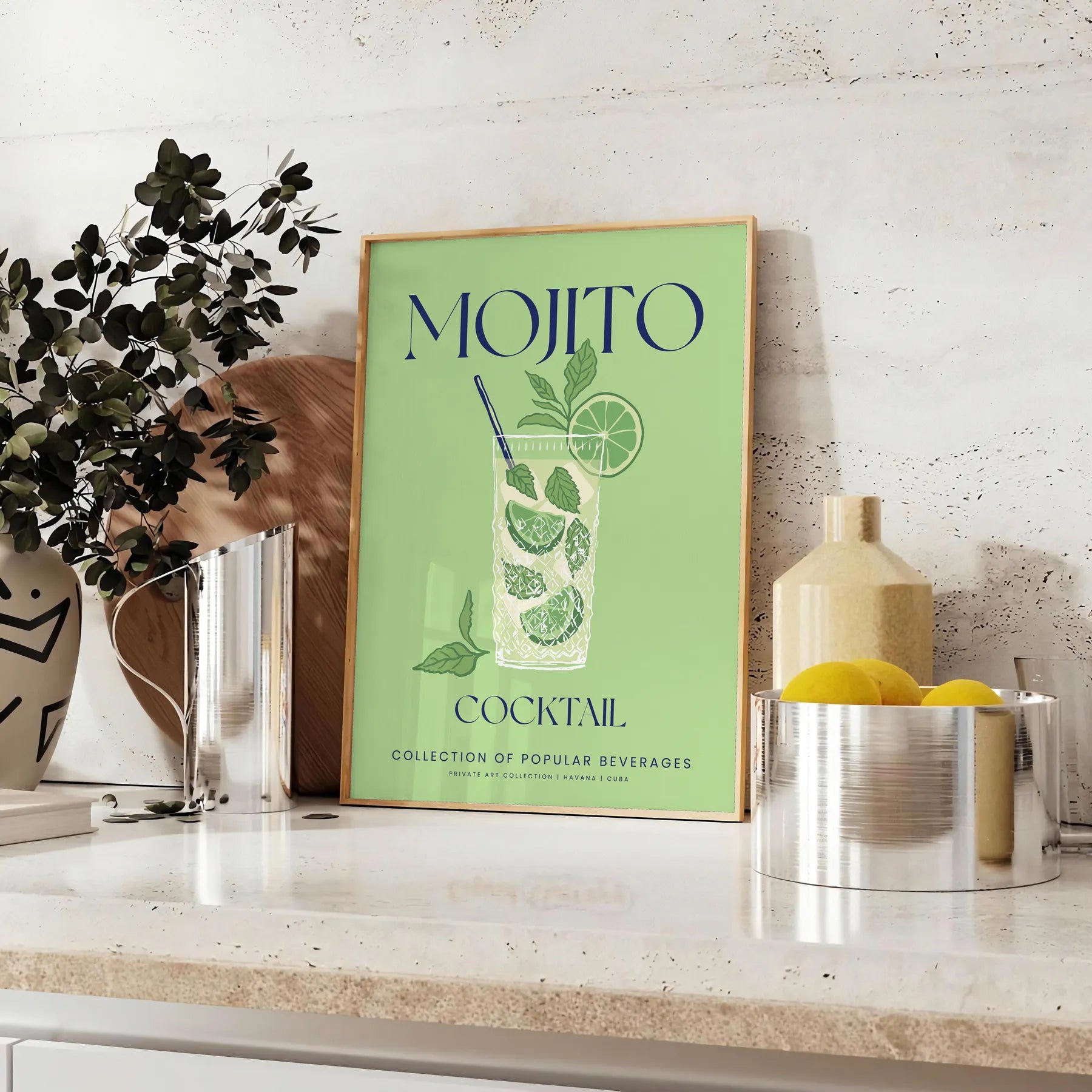 space stunning Mojito Cocktail poster elegant gray tones refreshing greens gift chic addition wall art collection splash flavor decor A4 cm A0 sizes