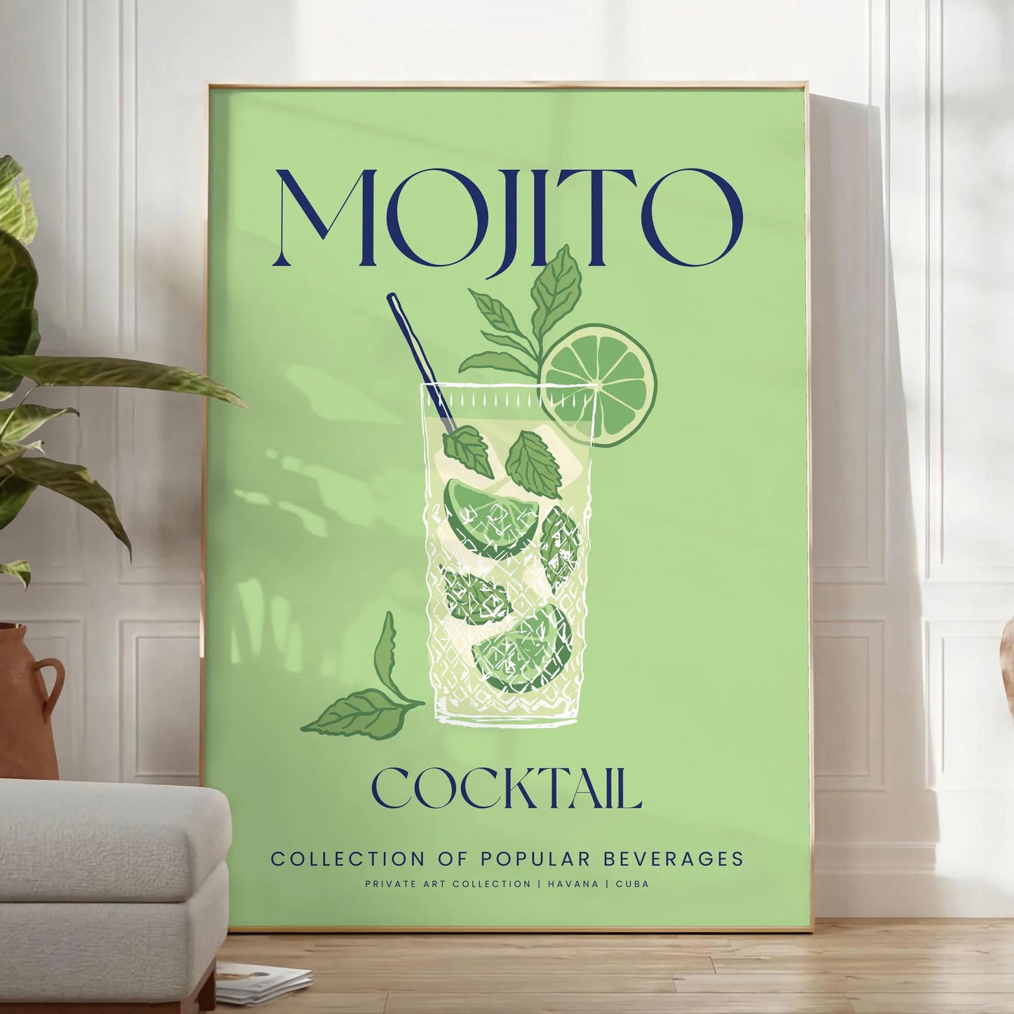 space stunning Mojito Cocktail poster elegant gray tones refreshing greens gift chic addition wall art collection splash flavor decor A4 cm A0 sizes